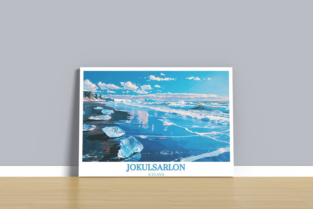 Adorn your walls with the captivating beauty of Diamond Beach jokulsarlon, featuring a breathtaking view of icebergs against the volcanic coastline in this exquisite artwork