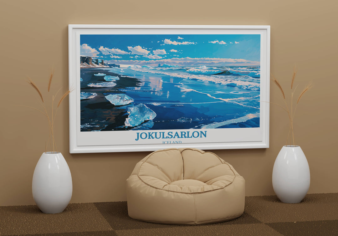 Experience the natural wonder of Diamond Beach jokulsarlon with this Iceland-themed gift, showcasing a stunning landscape of icebergs against the volcanic shore.