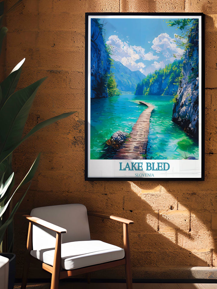 Captivating Lake Bled Artwork with a full view of the lake’s expansive waters and surrounding forest, great as a housewarming gift