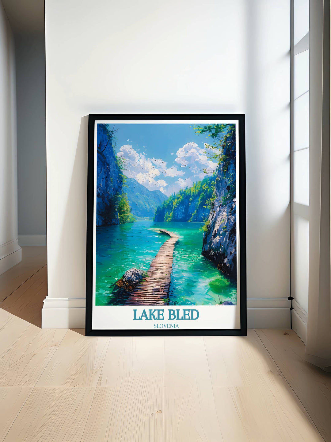 Stunning Lake Bled Travel Print featuring the serene waters and forested mountains ideal for bringing nature into your home decor