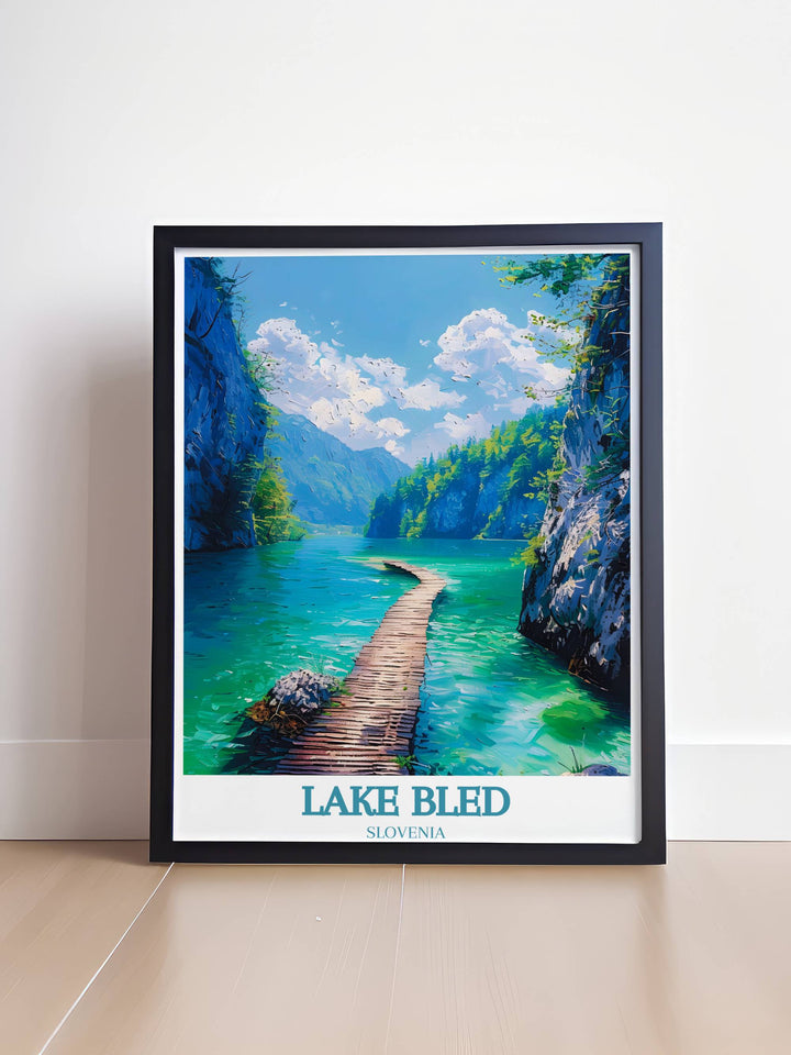 Tranquil scene of Bled Island centered in Lake Bled with its iconic church featured in a detailed Lake Bled Print