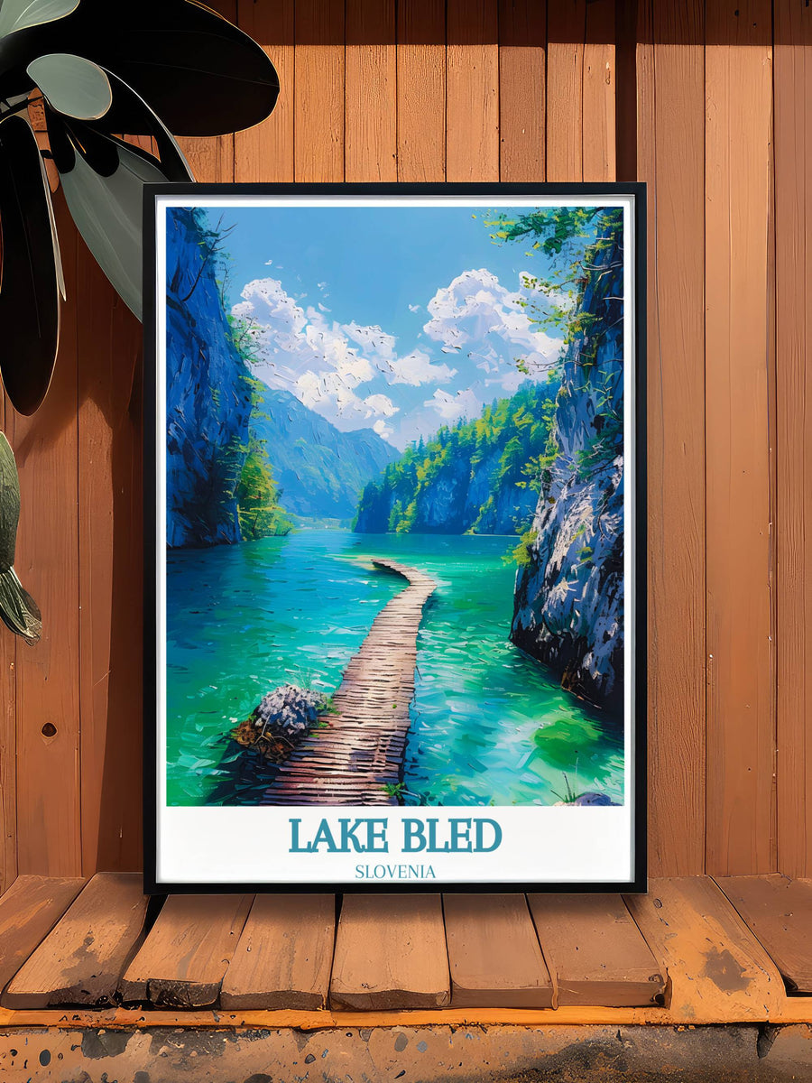 Captivating Lake Bled Artwork with a full view of the lake’s expansive waters and surrounding forest, great as a housewarming gift