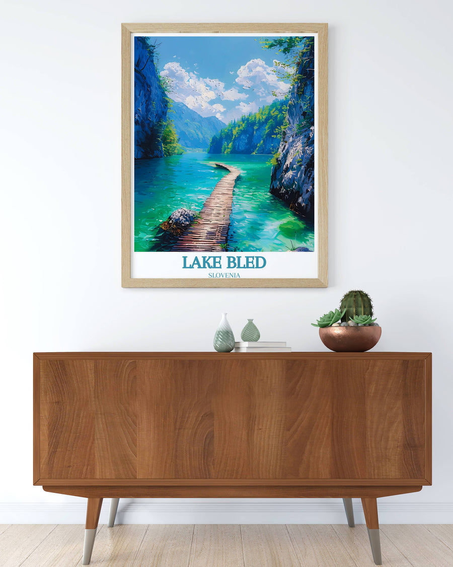 Panoramic view of Lake Bled with rowboats gently floating, depicted in a high-quality Lake Bled Home Decor print