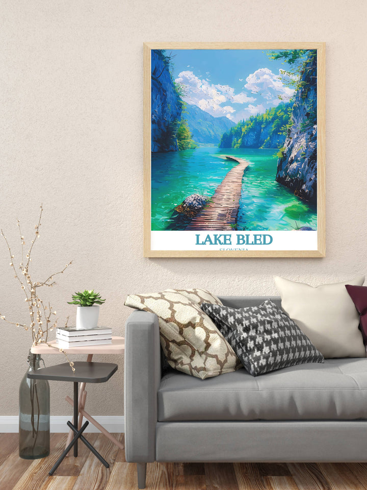 Elegant Lake Bled Wall Print of Bled Island at dusk with lights reflecting on the water, ideal for a romantic room decor