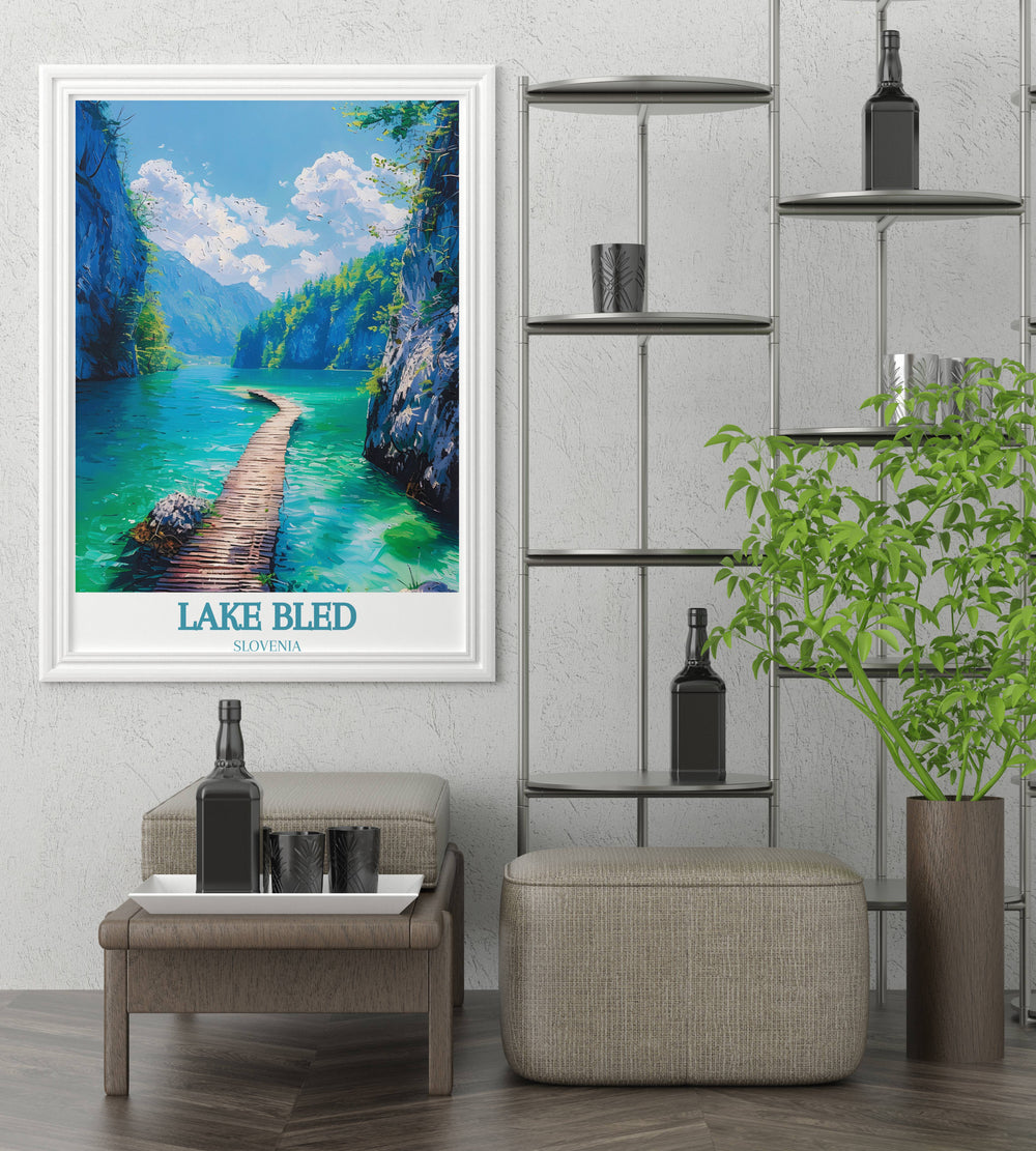 Historic Bled Castle overlooking the calm Lake Bled captured in a vibrant Slovenia Art Print perfect for any living space