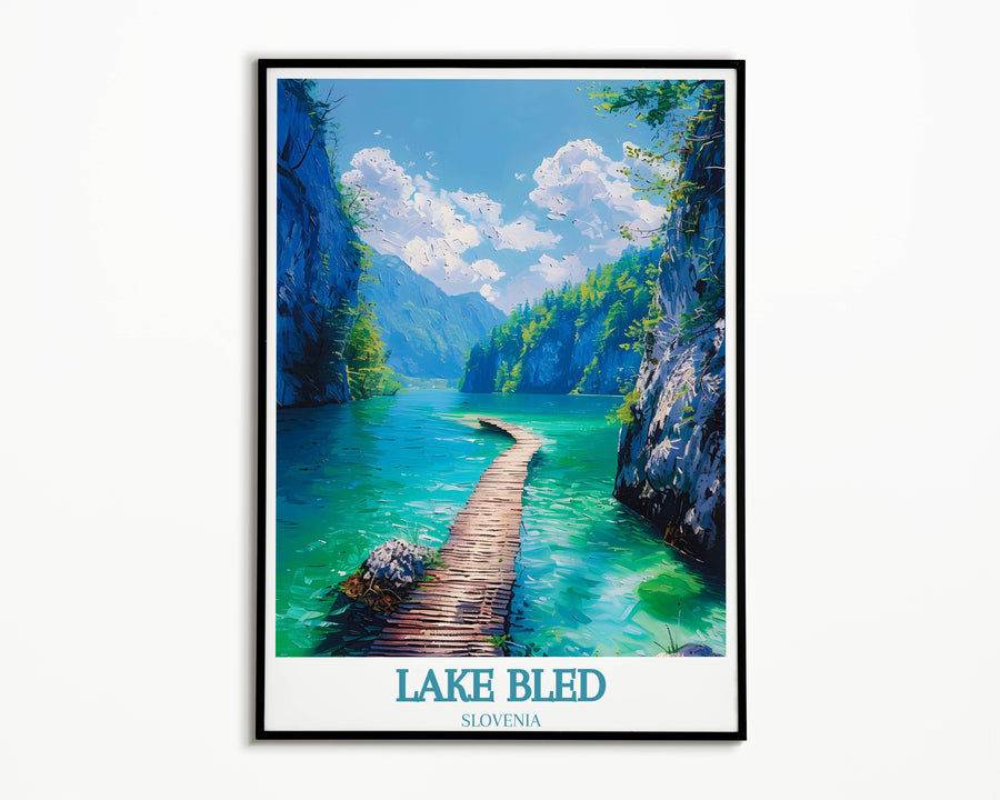 Detailed artistic representation of Bled Castle during the fall season with rich autumn colors in a Slovenia Art Print