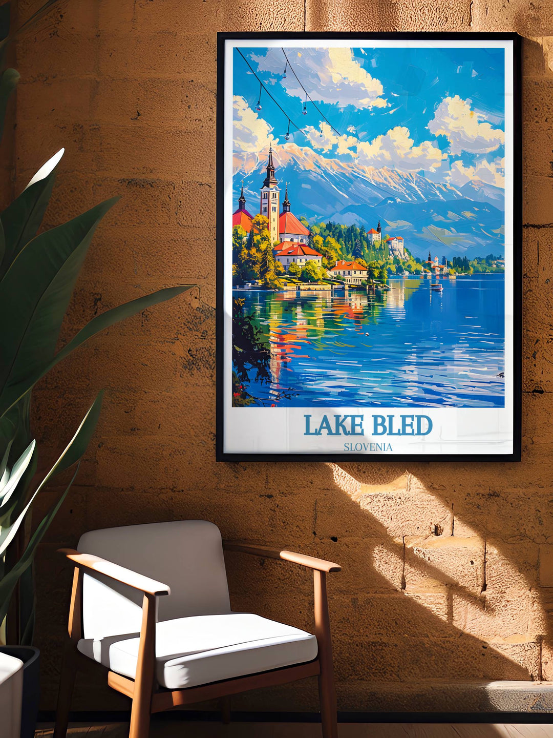 Breathtaking aerial view of Lake Bled and its surroundings in a Lake Bled Print, great for lovers of stunning landscapes who want to immerse themselves in the panoramic beauty and majestic setting of this iconic Slovenian location
