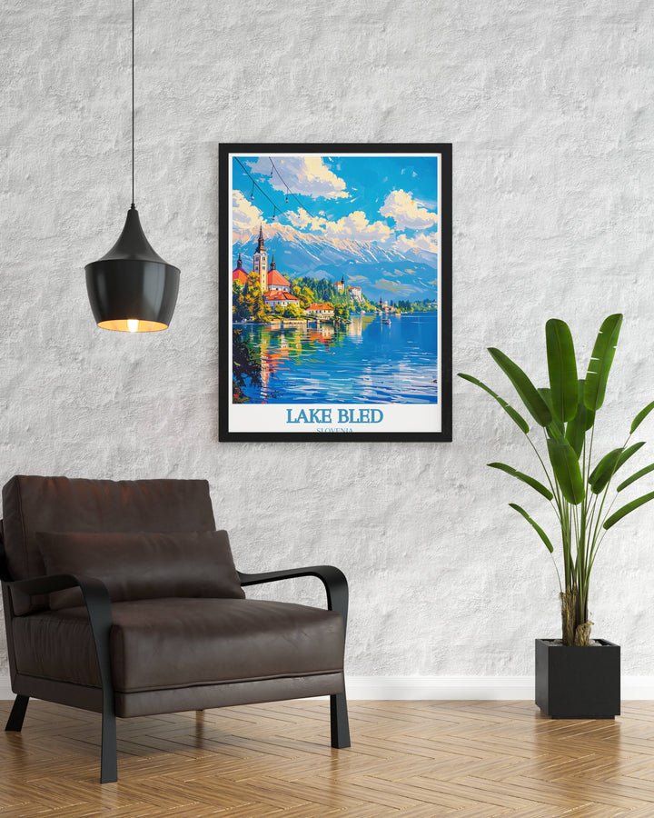 Historic Bled Castle illuminated by sunset in a Lake Bled Wall Print, perfect for adding a touch of elegance and historical intrigue to your decor, reflecting the rich history and romantic ambiance of the castle at dusk