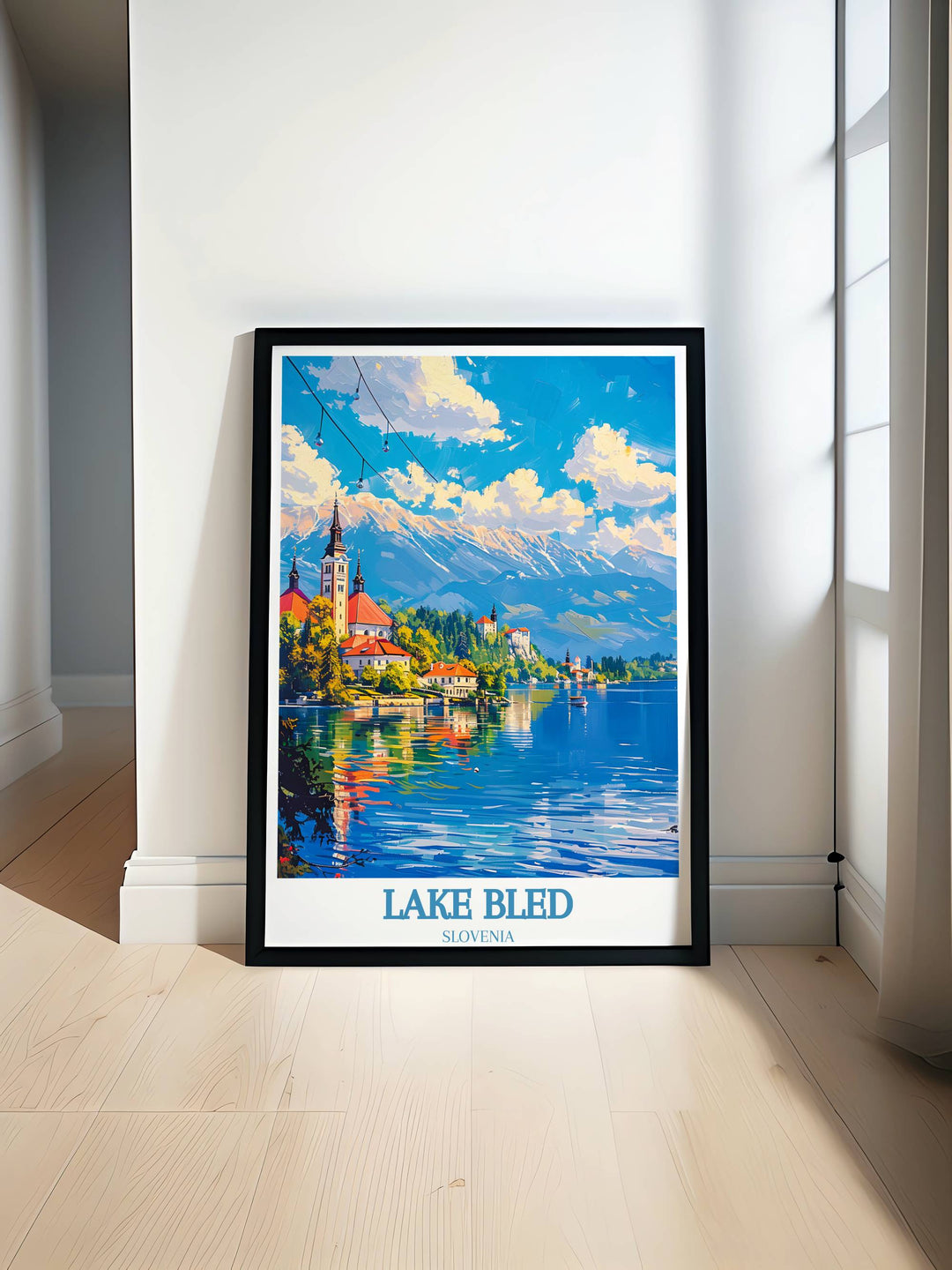 Vivid depiction of Lake Bleds emerald waters and distant Alps in a travel print perfect for nature enthusiasts looking to capture the essence of Slovenia's stunning landscapes in their home or office decor