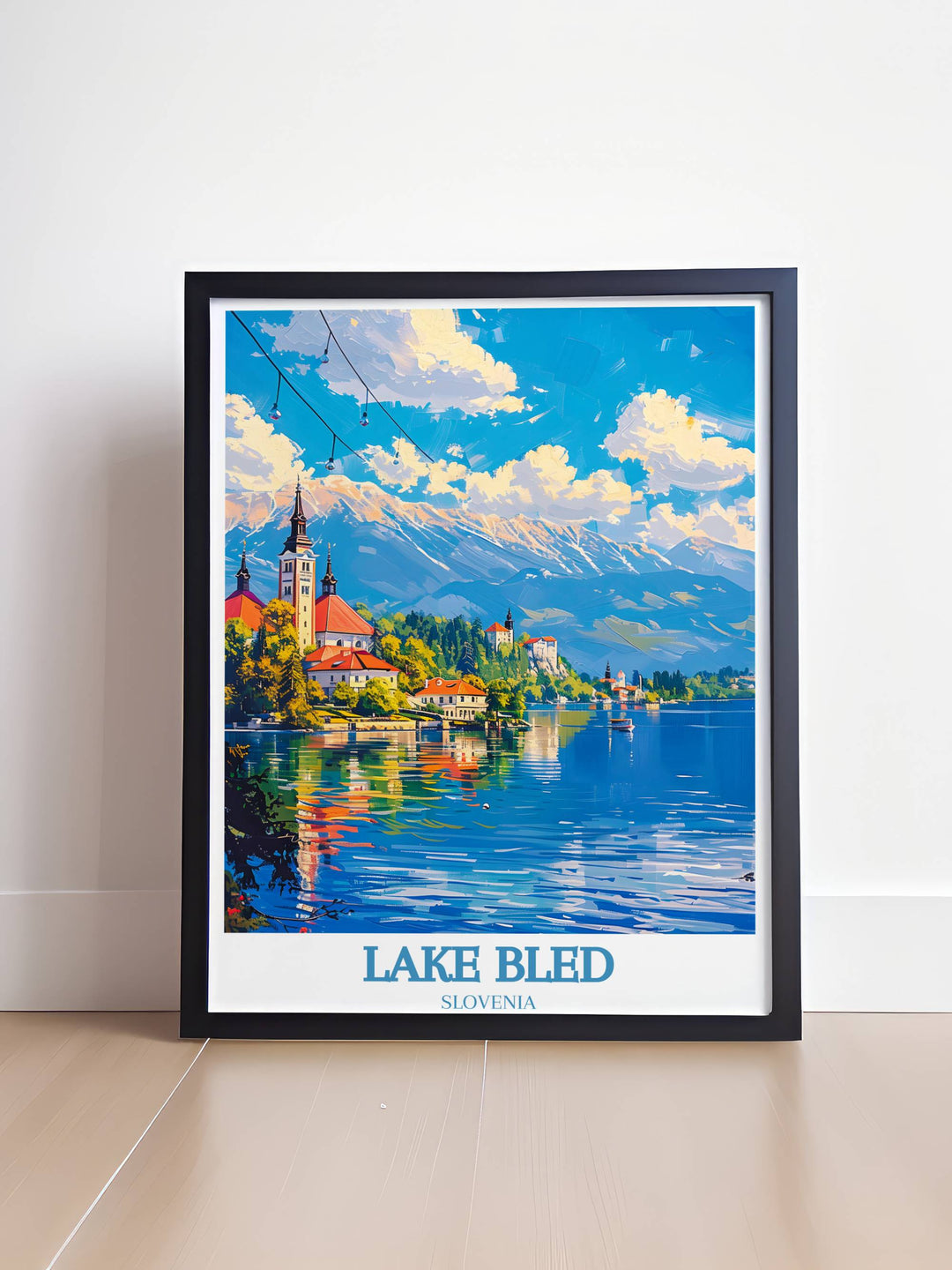 Artistic representation of Bled Castle, steeped in history, showcased in a Slovenia Art Print for cultural aficionados and history buffs who appreciate the architectural beauty and heritage of iconic landmarks
