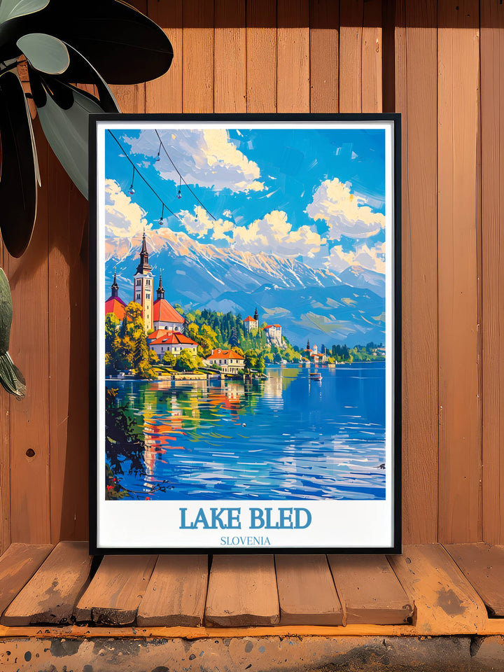 Serene view of Bled Island with its historic church surrounded by calm lake waters in a high-quality Lake Bled Print, ideal for those who seek to bring a piece of tranquil and spiritual Slovenian scenery into their living space