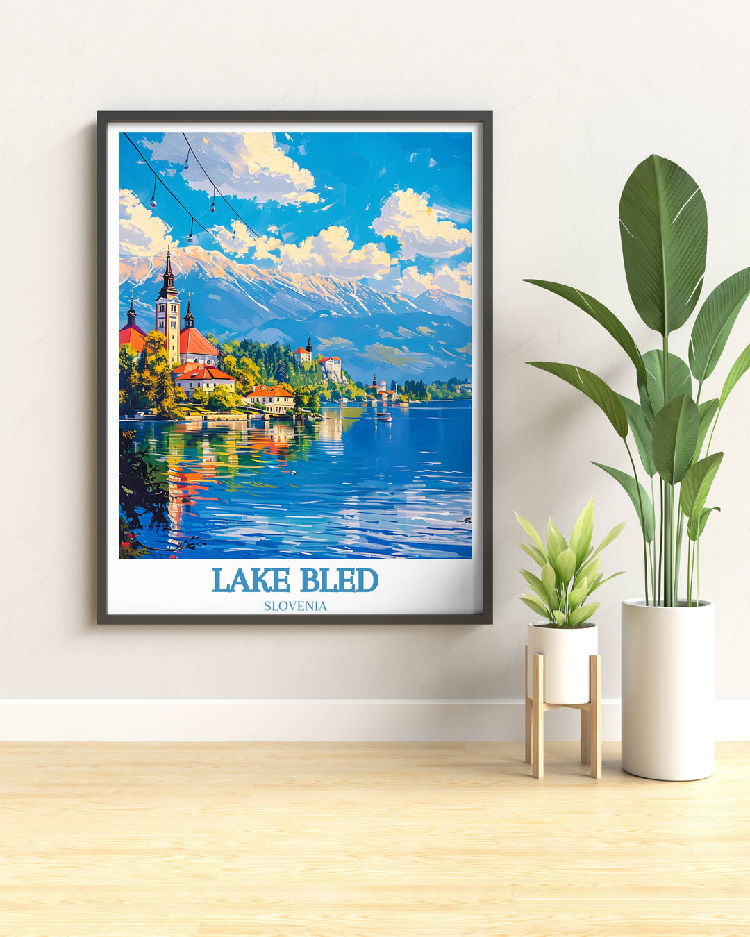 Panoramic Lake Bled Wall Print capturing the lush green landscape and peaceful lake ideal for tranquil home settings, offering a window to Slovenia's natural beauty that enhances relaxation and visual pleasure