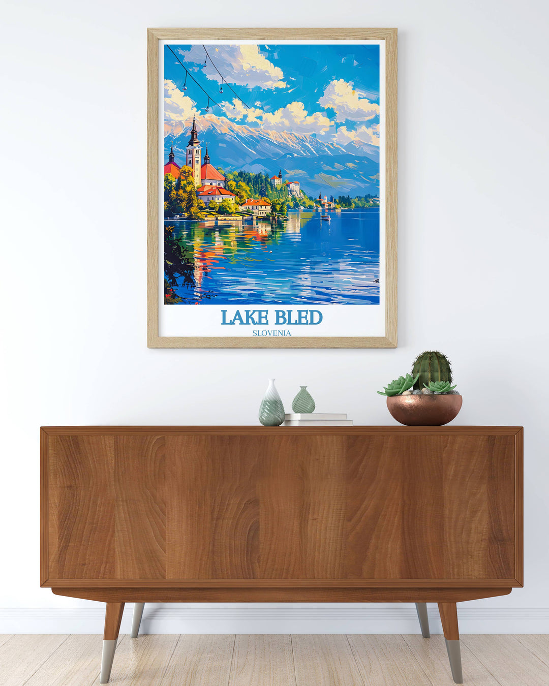 Detailed Lake Bled Artwork featuring the iconic reflection of the mountains in the lake, enhancing any room decor with a touch of serene nature and reflective tranquility, perfect for creating a peaceful environment