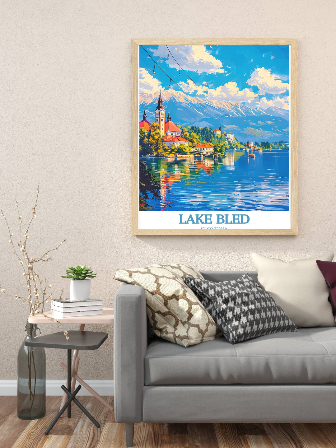 Classic view of Lake Bled during autumn with vibrant foliage colors in a Slovenia Art Print perfect for seasonal decor, bringing the rich, warm colors of fall into your home or office, and inspiring appreciation for changing seasons