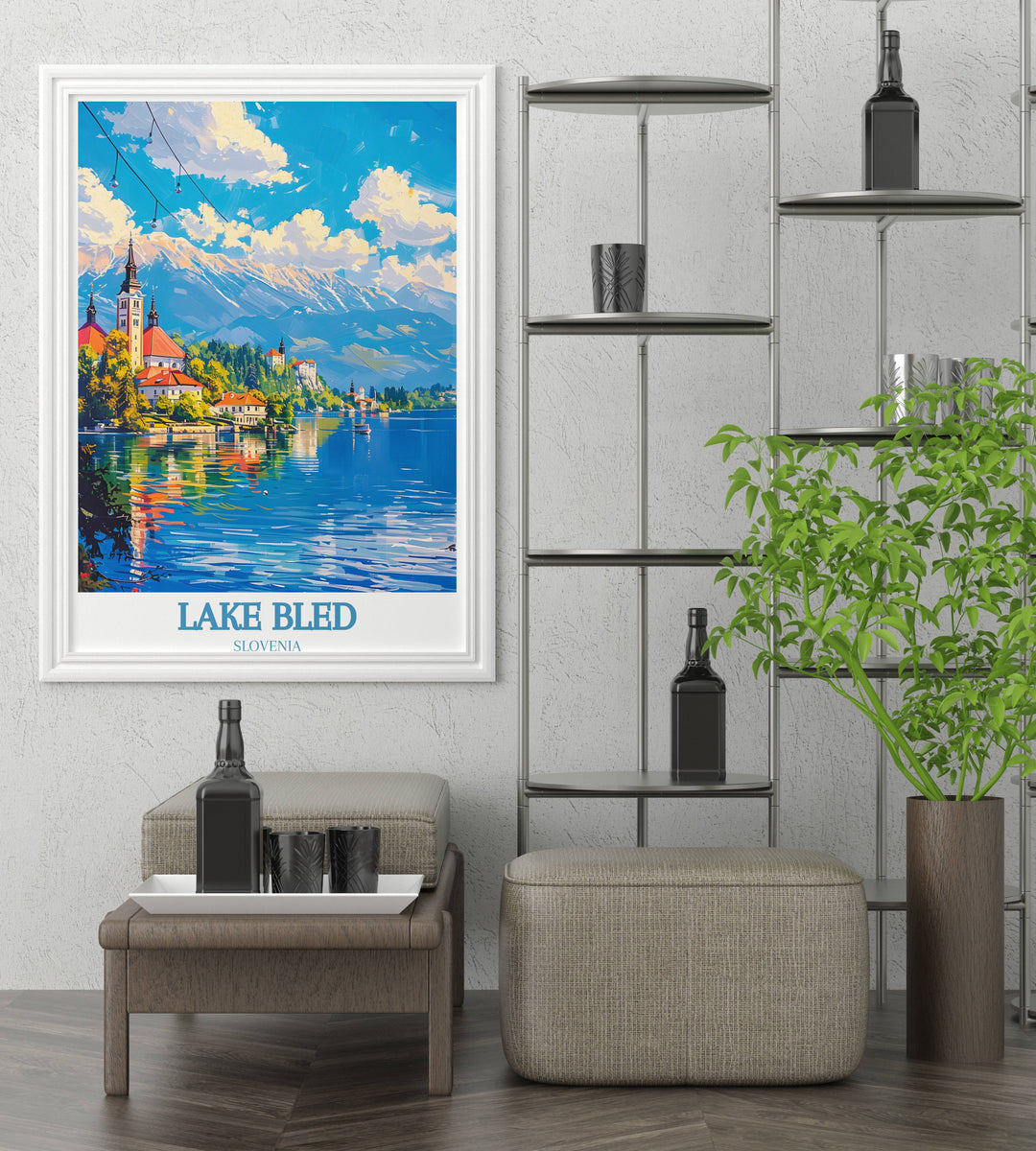 Elegant Lake Bled Home Decor print showing a serene sunrise over the lake, ideal for creating a calming atmosphere in any room, and perfect for those who appreciate the beauty of dawn as it highlights natural landscapes
