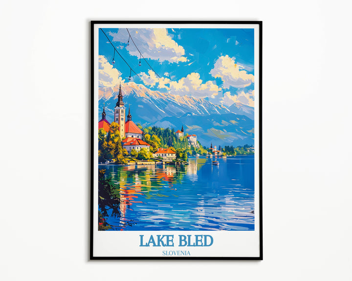 Captivating Lake Bled Travel Print with a rowboat on the glassy water, ideal for bringing adventure and the spirit of exploration into your home, showcasing the peaceful yet adventurous allure of Lake Bled