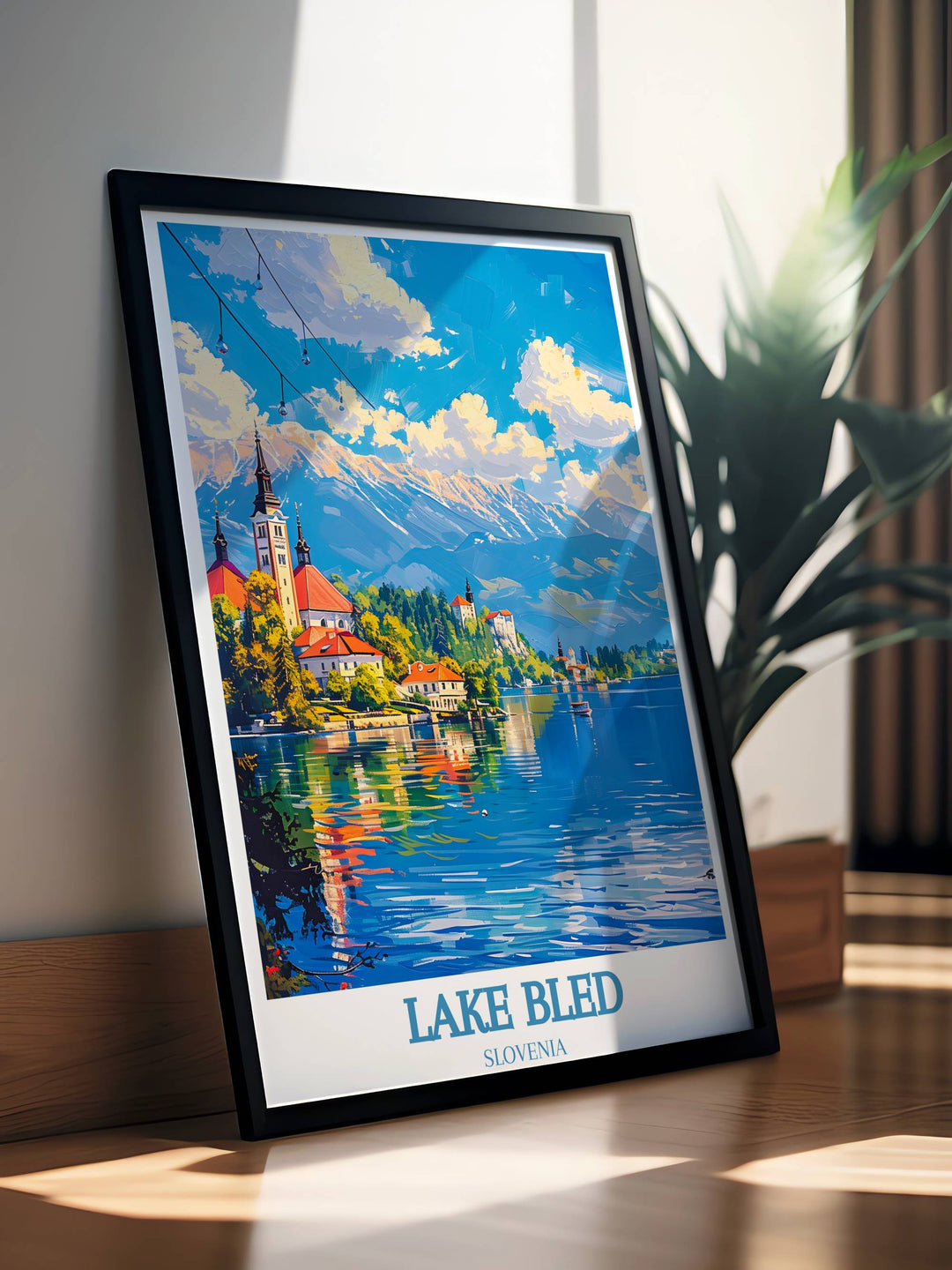 Breathtaking aerial view of Lake Bled and its surroundings in a Lake Bled Print, great for lovers of stunning landscapes who want to immerse themselves in the panoramic beauty and majestic setting of this iconic Slovenian location