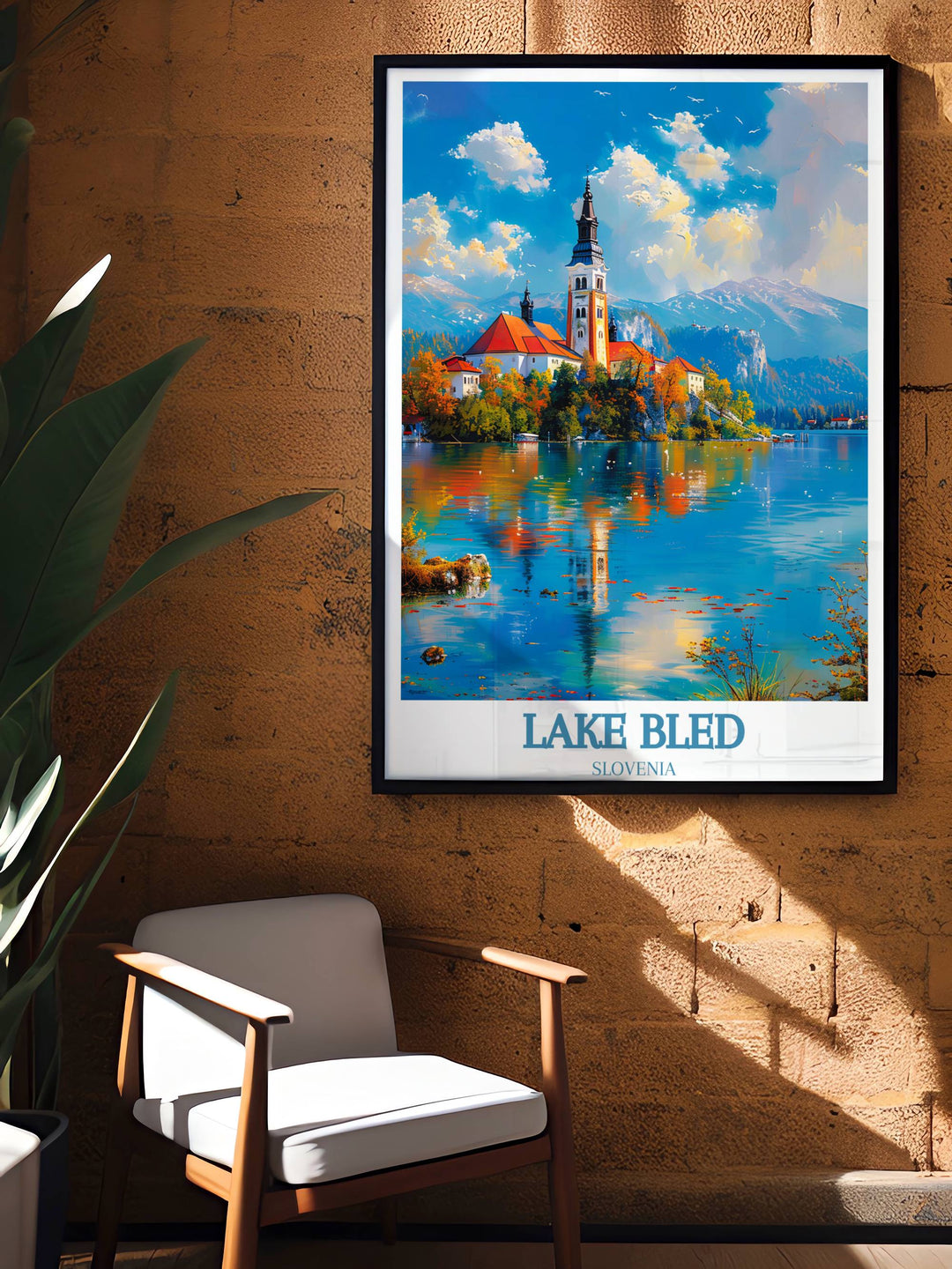 Elegant and serene Lake Bled Artwork focusing on the calm waters and distant hills perfect as a housewarming gift or personal keepsake