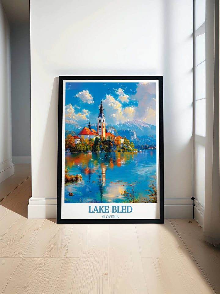 Aerial view of Lake Bled in Slovenia showcasing the tranquil blue waters and lush green surroundings perfect for Lake Bled Travel Print