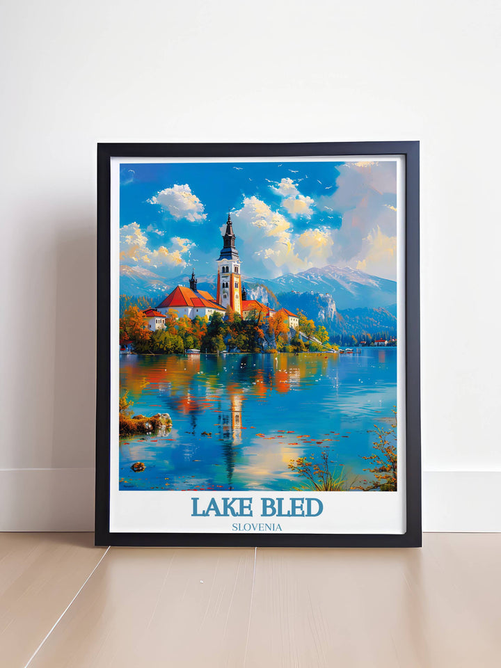 Scenic image of Bled Castle at sunset with golden light reflecting on the walls ideal for Lake Bled Wall Print in home decor settings