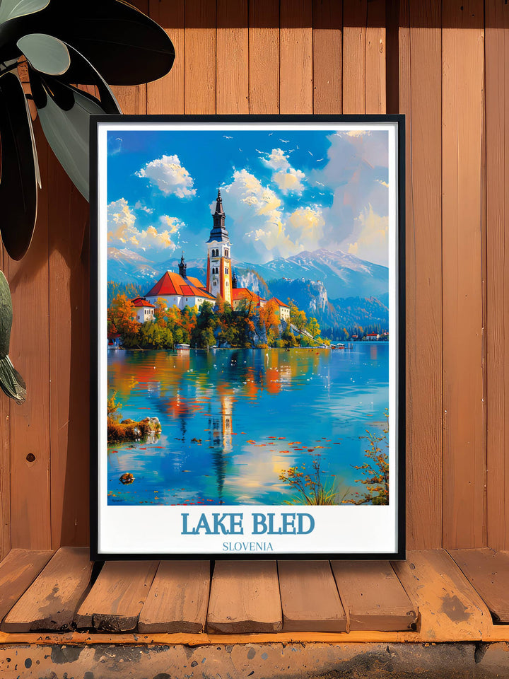 Peaceful scene of Bled Island with its iconic church surrounded by the calm waters of Lake Bled suitable for Lake Bled Home Decor