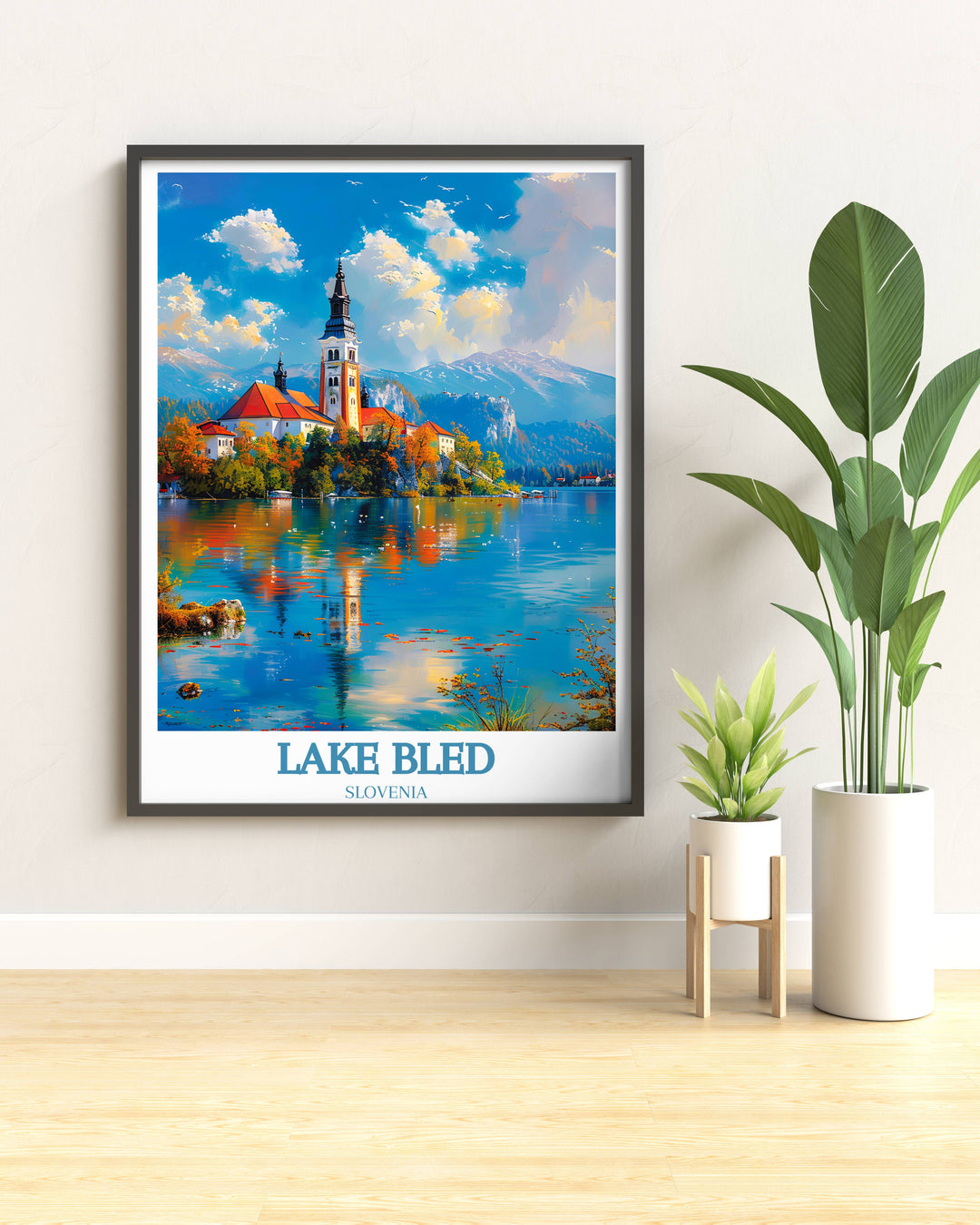 Vibrant Lake Bled Artwork featuring a panoramic view of the lake and surrounding mountains ideal for adding character to any room