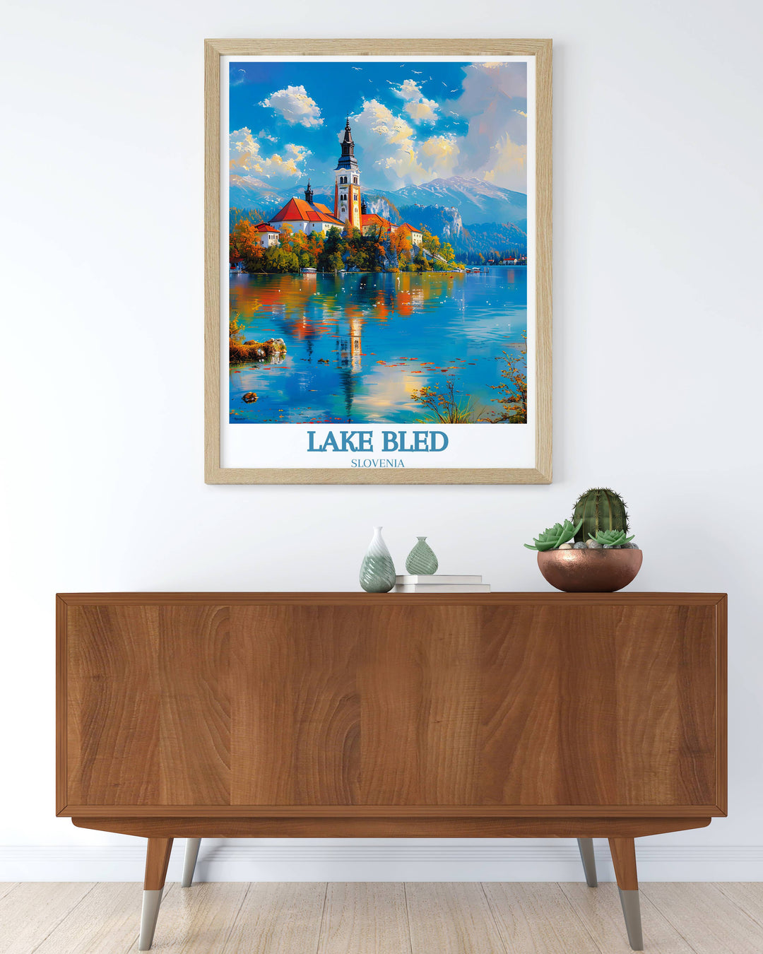 Artistic representation of Bled Castle and Lake Bled showcasing historical and natural beauty perfect for Slovenia Art Print collections