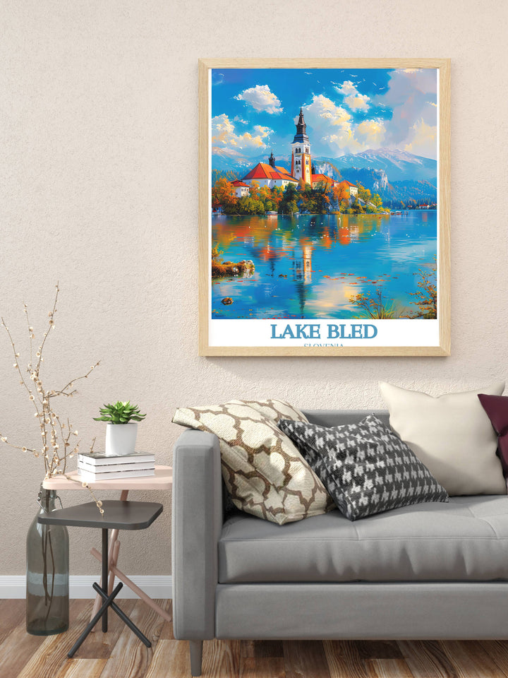 Stunning view of Lake Bled with a rowboat in the foreground perfect for a Lake Bled Print in travel and home decor themes