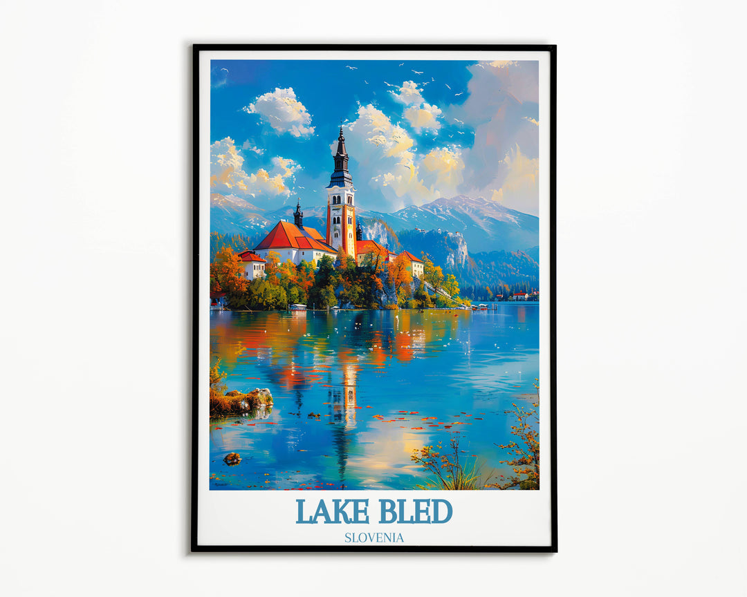 Detailed artistic print of Lake Bled and Bled Castle during the spring season ideal for enhancing home aesthetics with Slovenia Art Print