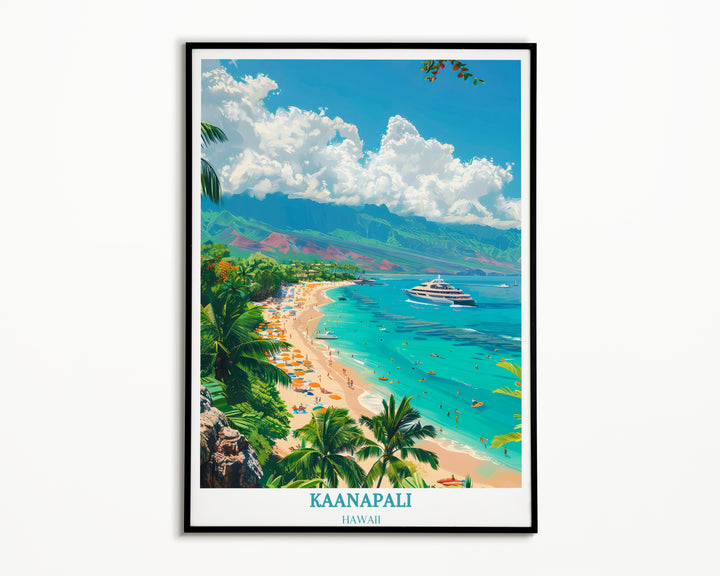 Indulge in the breathtaking beauty of Kaanapali with our captivating print, perfect for adorning your walls with a slice of paradise. This Kaanapali poster captures the essence of Hawaii's famed coastline, inviting you on a visual journey to this tropical oasis. 