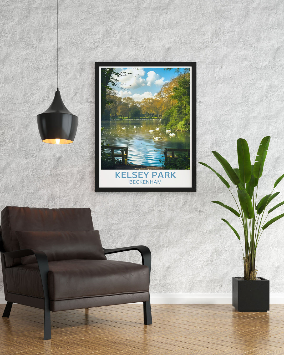 Travel poster of Beckenham featuring iconic views of Kelsey Park and its natural tranquility suitable for any travel enthusiast