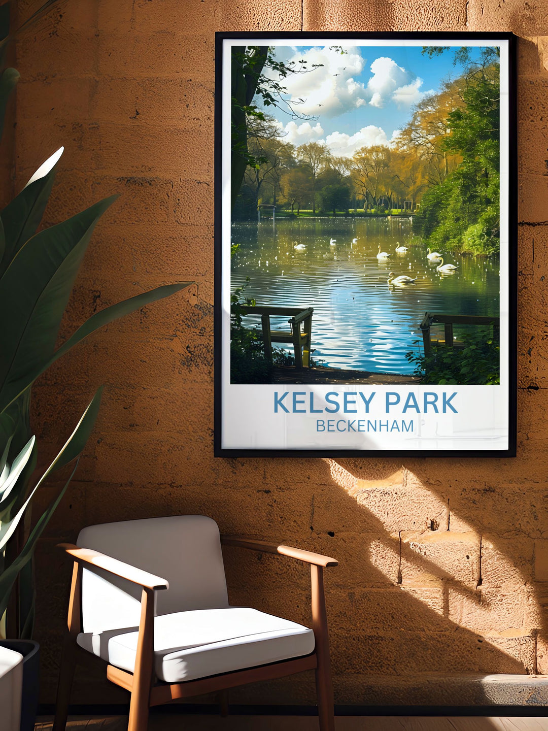 Beckenham Place Park canvas print focusing on the scenic beauty of The Lake during a sunset ideal for home or office decor