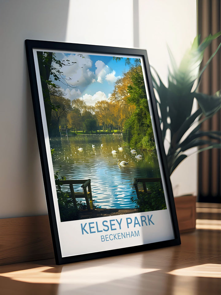 Vintage travel poster of Kelsey Park showcasing the vibrant flora and peaceful environment of this famous London park