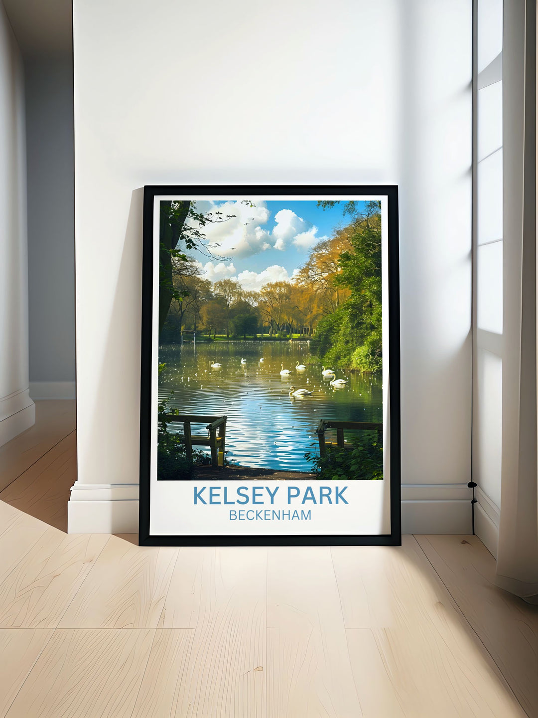 Canvas art capturing the serene beauty of Kelsey Park London surrounded by lush greenery and a calm lake ideal for wall decor