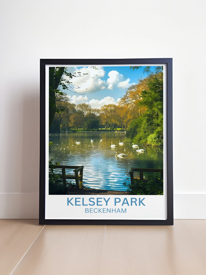 Artistic representation of The Lake in Beckenham Place Park showing reflections of trees on water surface perfect for tranquil home decor