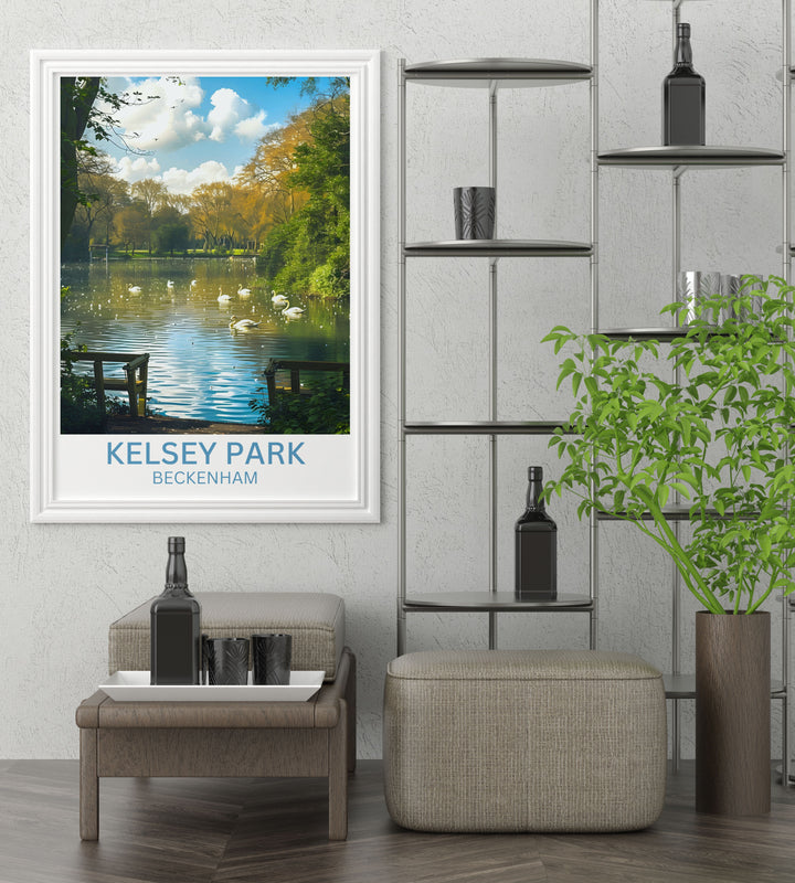 Detailed art print of Kelsey Park in Beckenham highlighting walking paths and natural scenes ideal for collectors and enthusiasts