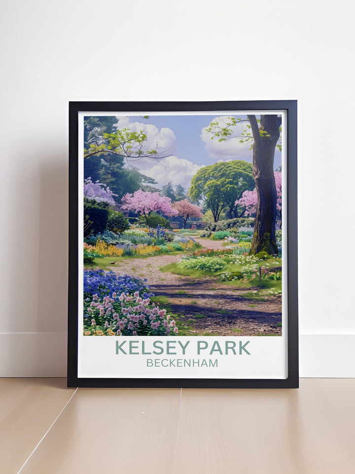Framed art featuring the Ornamental Gardens of Kelsey Park with vibrant floral displays ideal for botanical art lovers