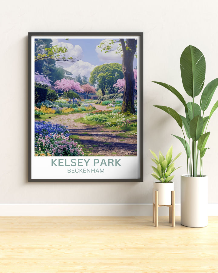 Vintage travel poster of Kelsey Park Beckenham highlighting historic architecture and scenic landscapes suitable for collectors