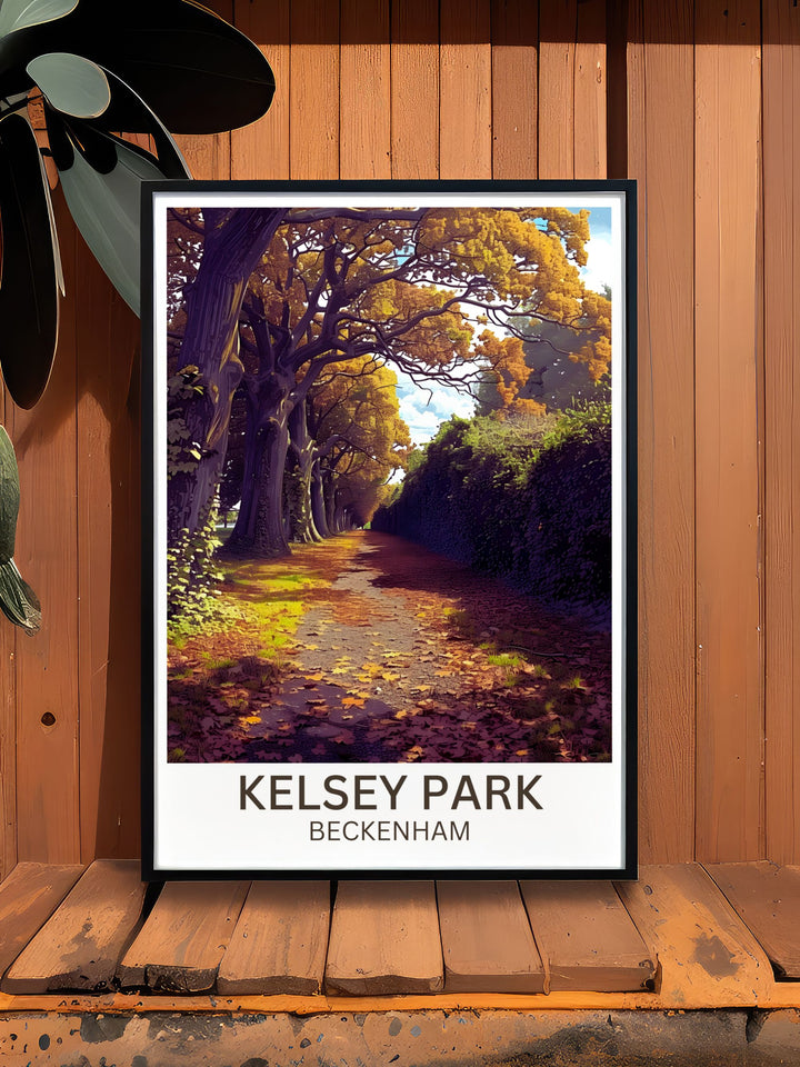 Vintage travel print of Kelsey Park focusing on its historical features and natural beauty ideal for collectors and enthusiasts