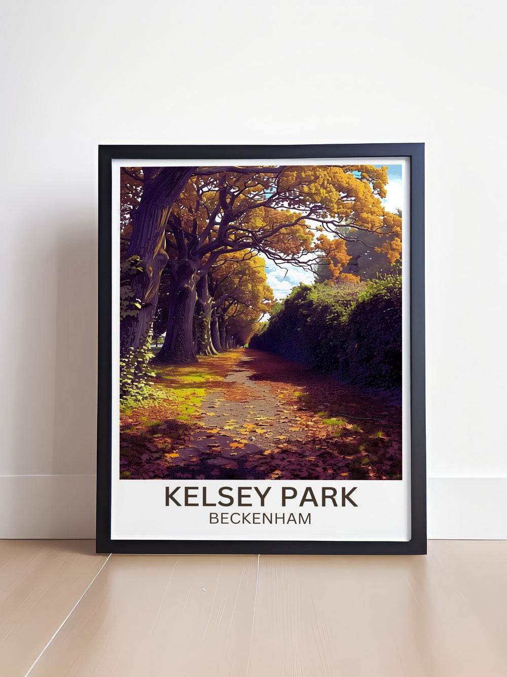 Artistic representation of the woodland walks in Kelsey Park featuring lush forest trails and natural scenery ideal for tranquil home decor