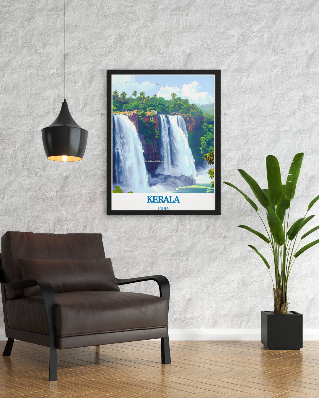 Artistic portrayal of Athirappilly Waterfalls in a framed print, emphasizing the lush surroundings and vibrant water hues.