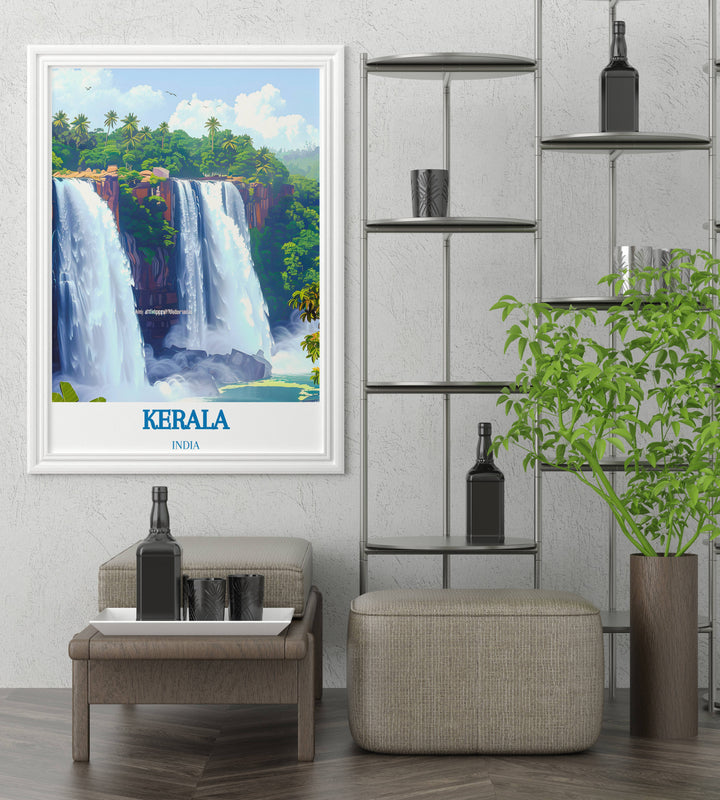 Athirappilly Waterfalls travel poster, a visually stunning representation of Keralas natural wonder, enhancing any rooms decor.