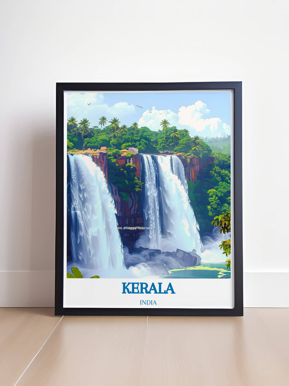 Vintage travel print of Athirappilly Waterfalls, showcasing the magnificent waterfalls amidst the dense greenery of Kerala, India.
