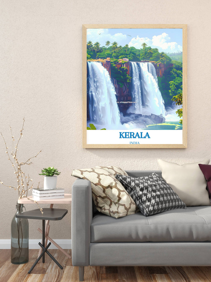 Travel poster of Athirappilly Waterfalls with vibrant depiction of the waterfalls dramatic descent against the backdrop of the Western Ghats.
