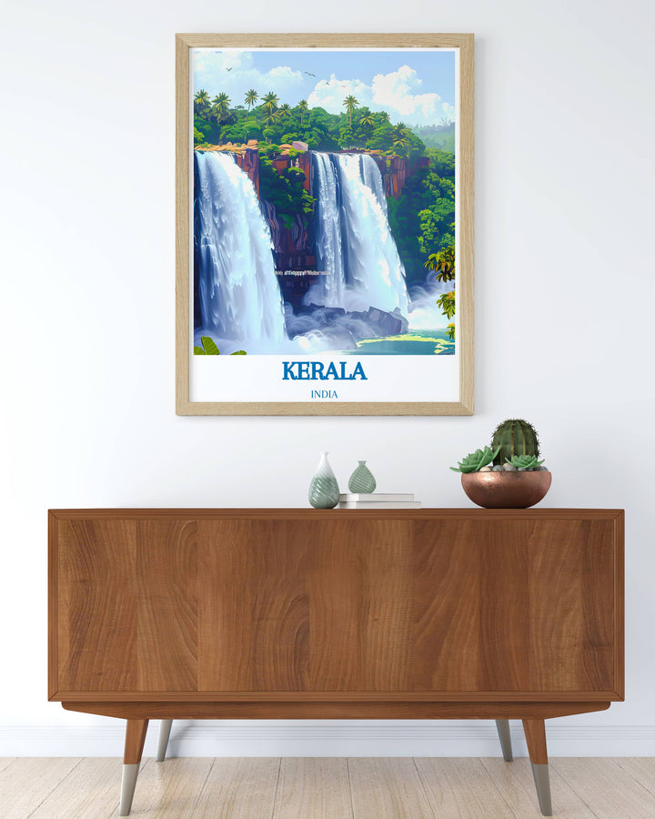 Athirappilly Waterfalls canvas art highlighting the expansive view of water flowing over natural rocks in Kerala, ideal for adding a natural element to your space.