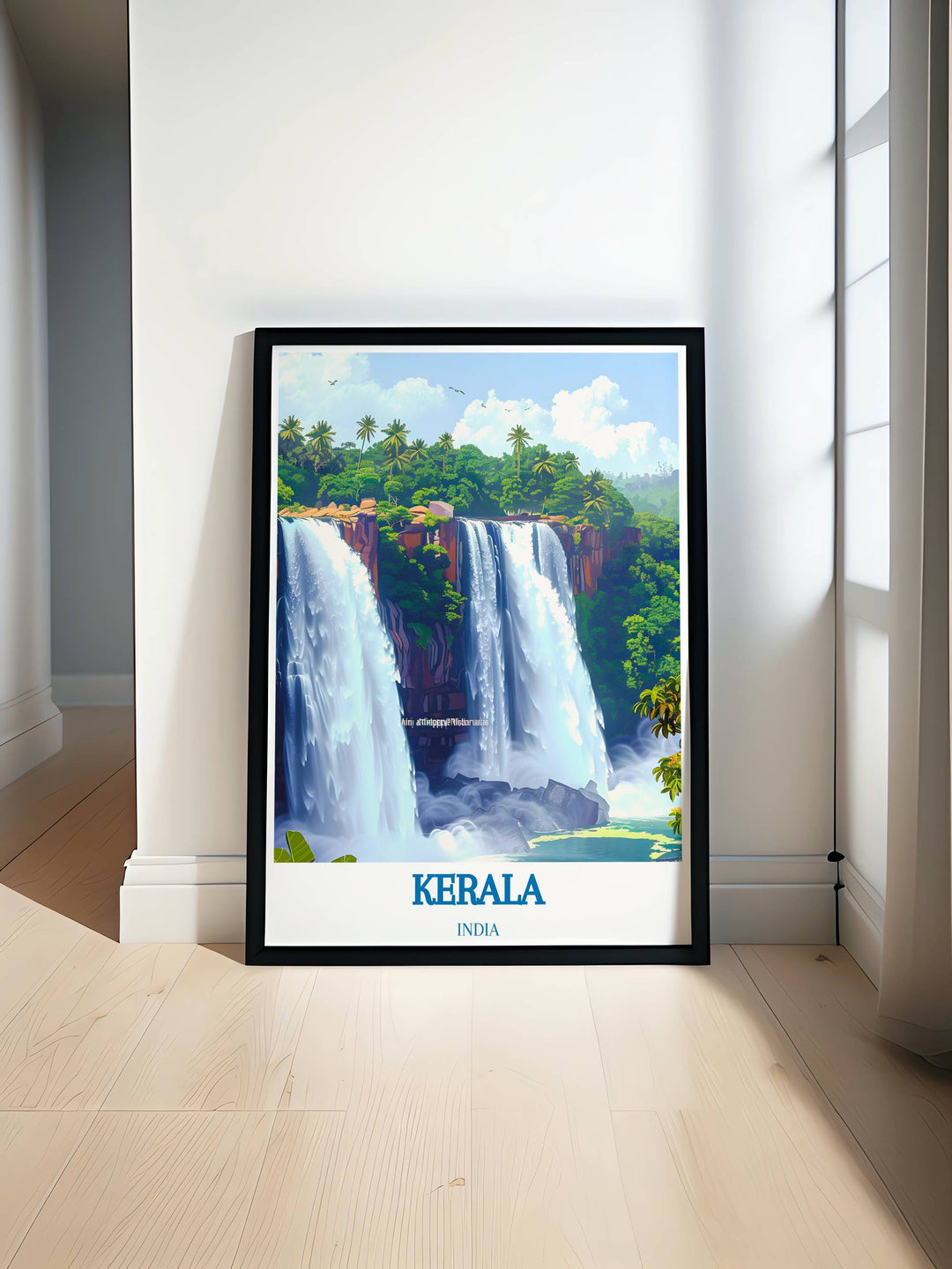 Athirappilly Waterfalls framed art print depicting the powerful cascades surrounded by lush tropical forest, perfect for home decor and travel enthusiasts.