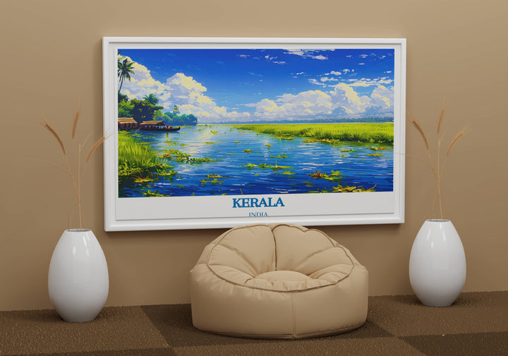 Detailed art piece of a Keralan houseboat journey through the tranquil backwaters, perfect for lovers of serene landscapes.
