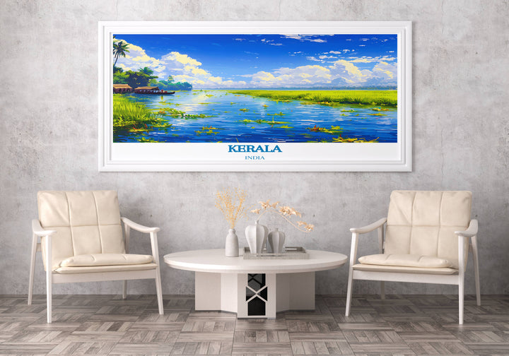 Vintage travel print of Keralas backwaters, capturing the peaceful scenes of waterways and green landscapes.