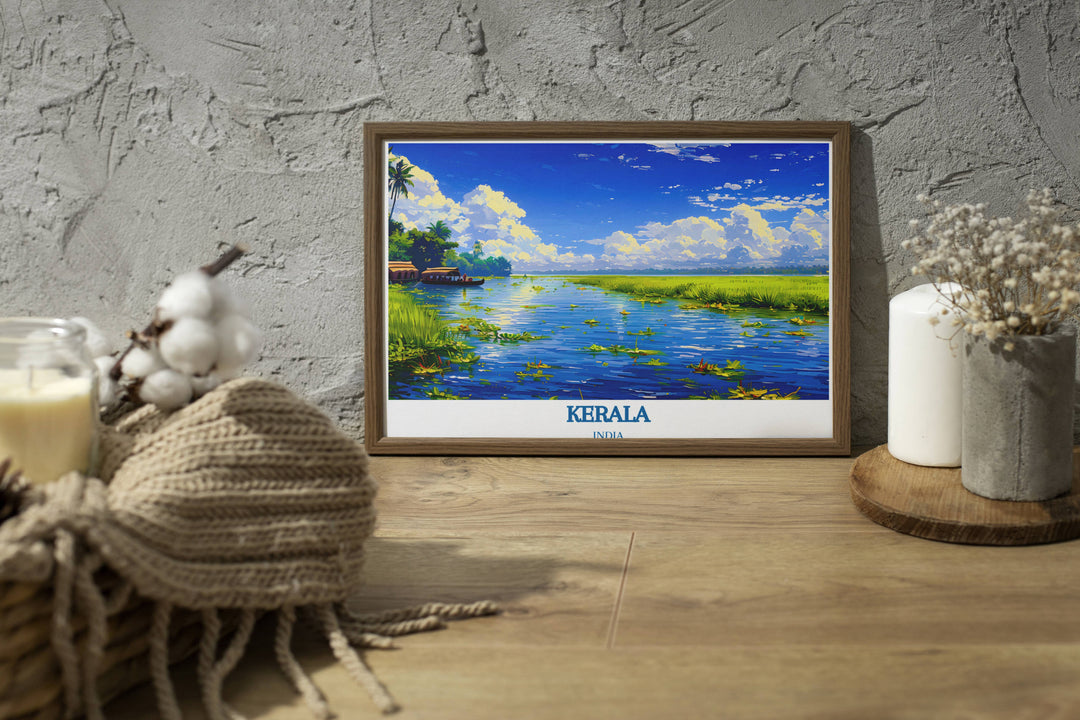 Framed art of the Alleppey backwaters, highlighting the serene environment and rich greenery.