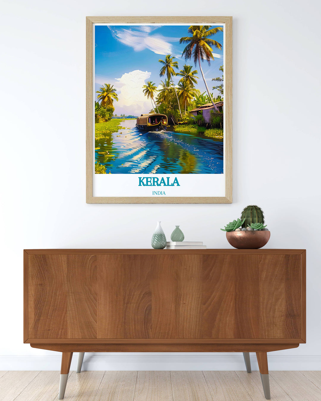 Vintage travel print of Kerala India highlighting the cultural and natural beauty of the region suitable for collectors and travel buffs